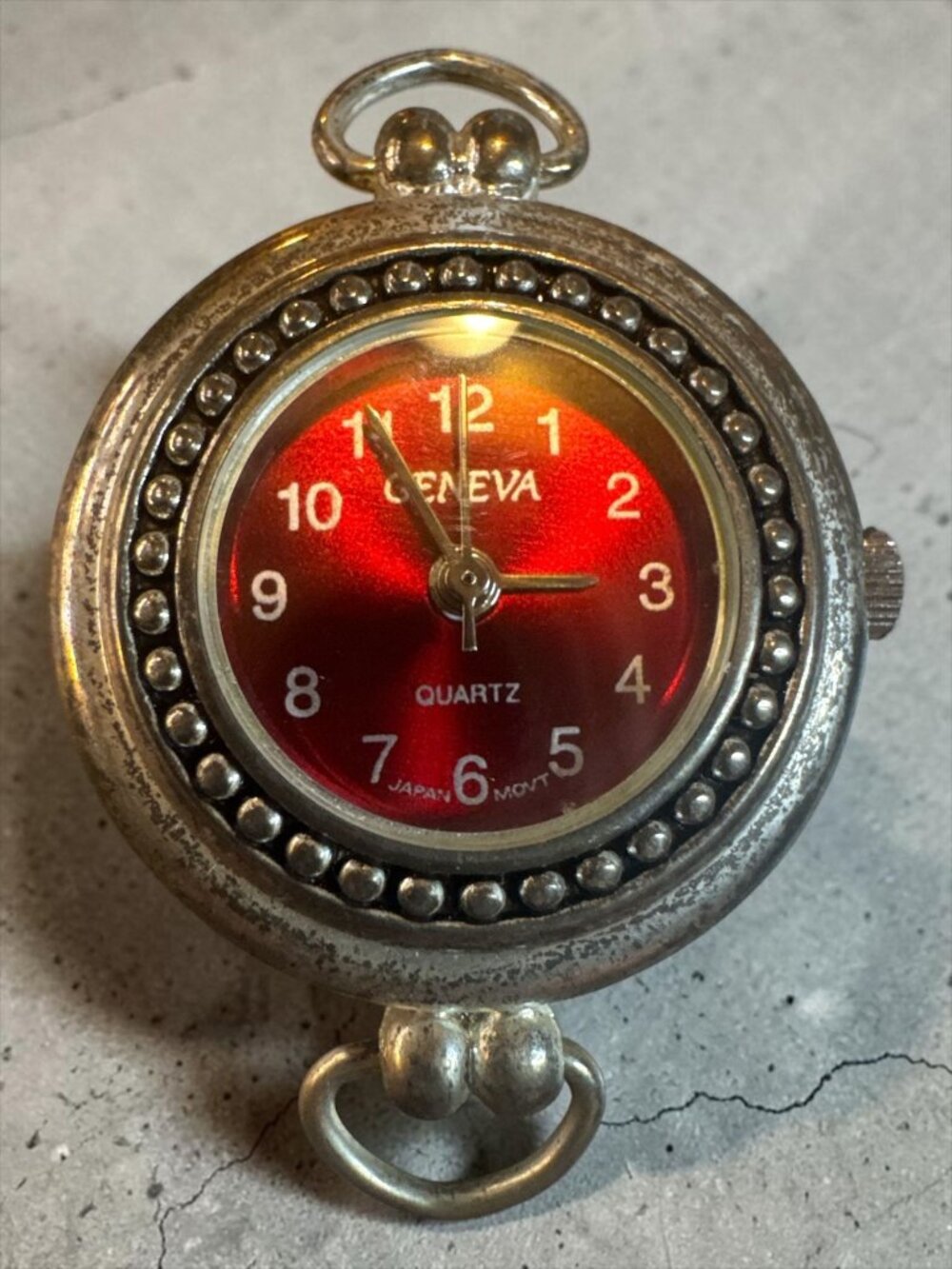 Geneva Red Quartz Pocket Watch Pendant With Stainless Steel Back & Vintage Silve